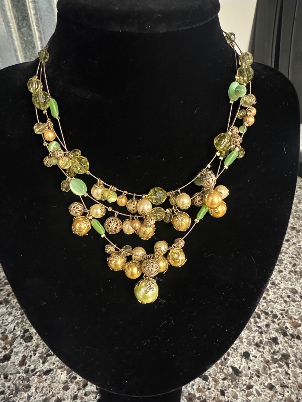 Gold and Green Multi-Strand Beaded Statement Necklace